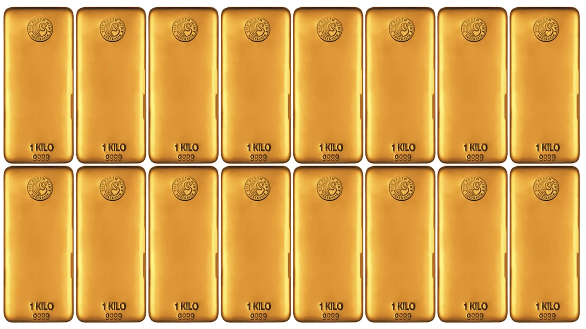 Sixteen minted one kilogramme gold bars laid out in a lit grid