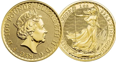 Gold Britannia one ounce coin, obverse and reverse