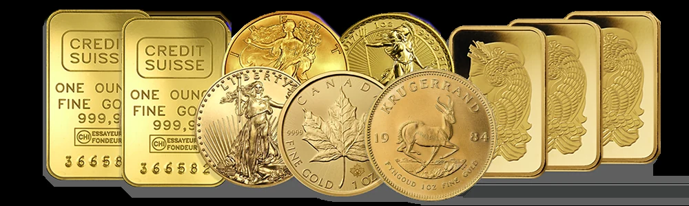 A row of gold bars and coins on black, including minted one ounce bars, an American Eagle, a Maple Leaf and a Krugerrand